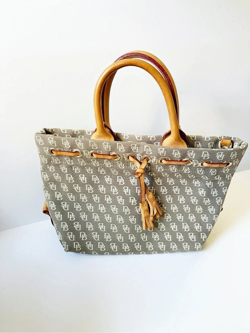 Dooney & Bourke Signature DB Monogram Canvas Tassel Tote Bag with Shoulder Strap